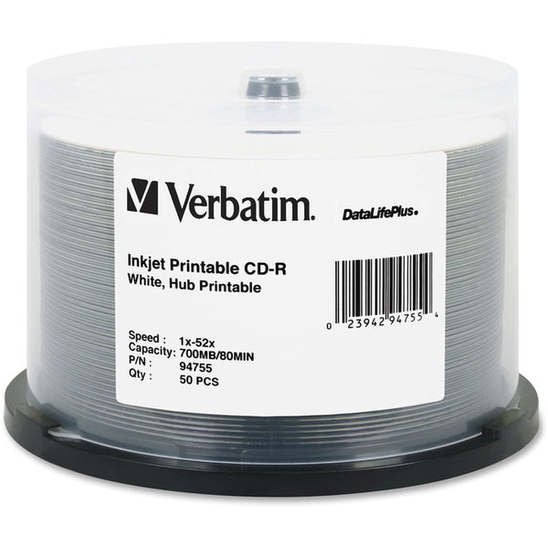 Verbatim CD-R 700MB 52X DataLifePlus White Inkjet Printable, Hub Printable - 50pk Spindle