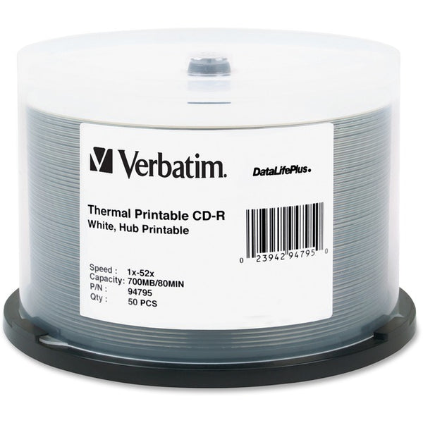 Verbatim CD-R 700MB 52X DataLifePlus White Thermal Printable, Hub Printable - 50pk Spindle