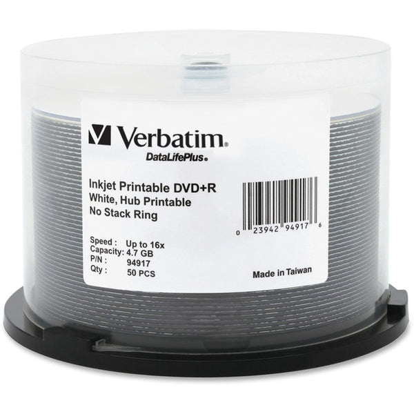 Verbatim DVD+R 4.7GB 16X DataLifePlus White Inkjet Printable, Hub Printable - 50pk Spindle