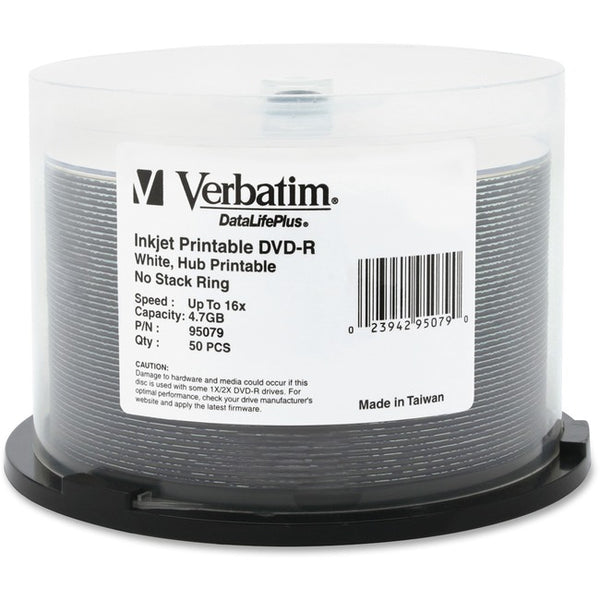 Verbatim DVD-R 4.7GB 16X DataLifePlus White Inkjet Printable, Hub Printable - 50pk Spindle