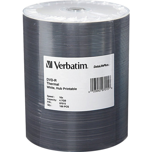 Verbatim DVD-R 4.7GB 16X DataLifePlus White Thermal Printable, Hub Printable - 100Pk Tape Wrap