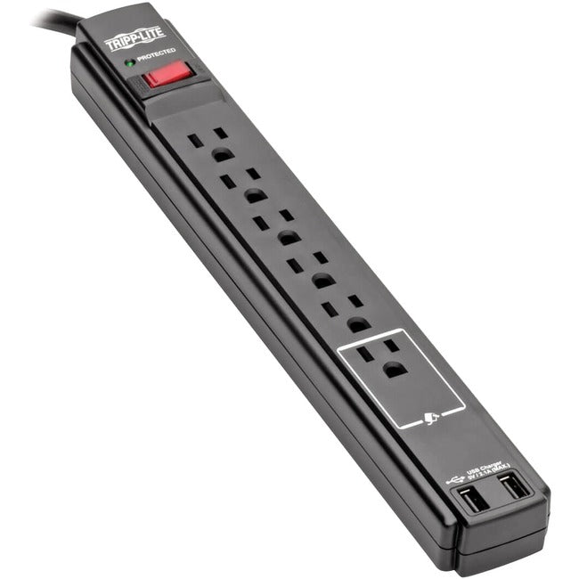 Tripp Lite Surge Protector Power Strip 6 Outlet 2 USB Ports 6 ' Cord Black - American Tech Depot