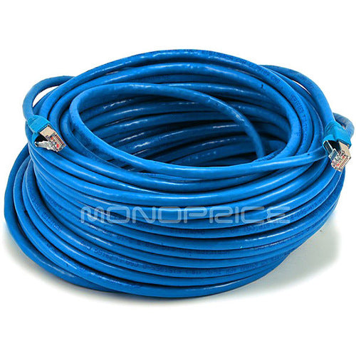 Monoprice 100FT 24AWG Cat6A 500MHz STP Ethernet Bare Copper Network Cable - Blue