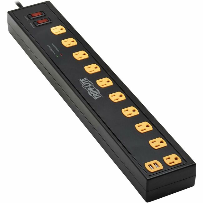 Tripp Lite Protect It! 10-Outlet Surge Protector with Swivel Light Bars - 5-15R Outlets, 2 USB Ports, 10 ft. (3 m) Cord, 4500 Joules, Black